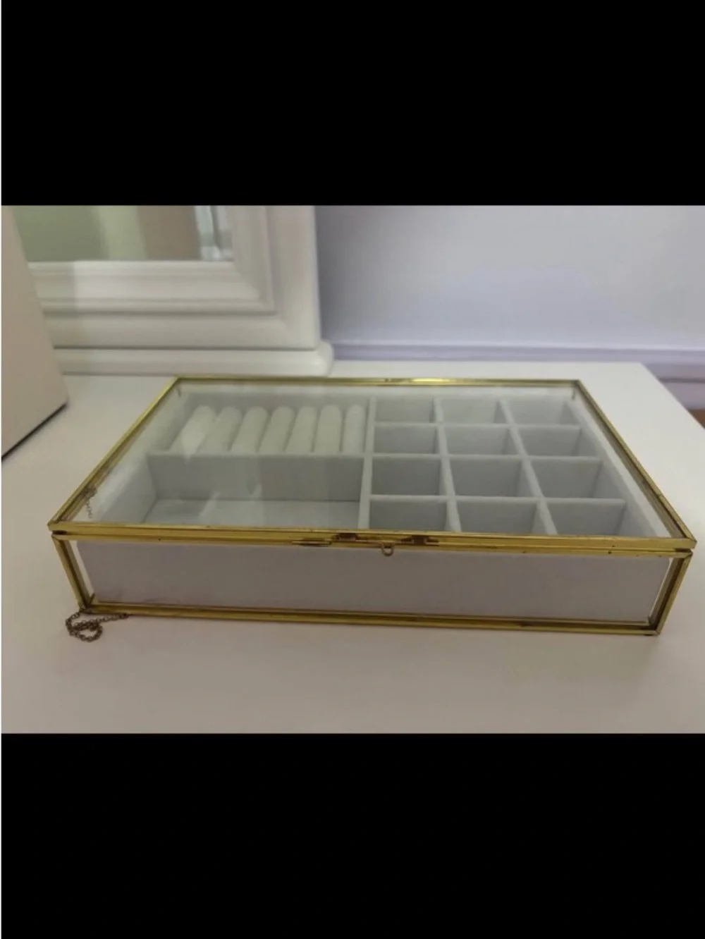 Glass and Gold Jewelry Organizer Box with White Velvet Interior